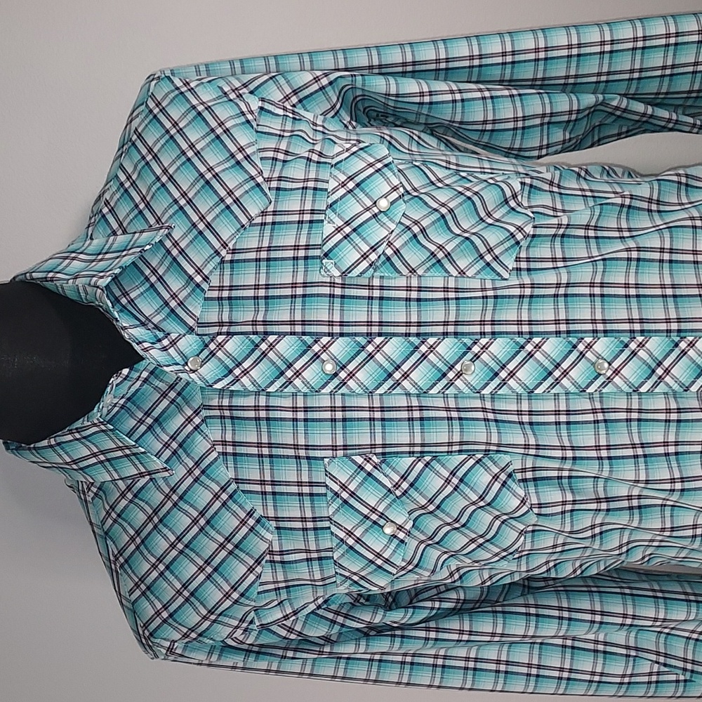 Wrangler Teal White Plaid Front Pearl Snap Button Pockets Western Shirt Size L